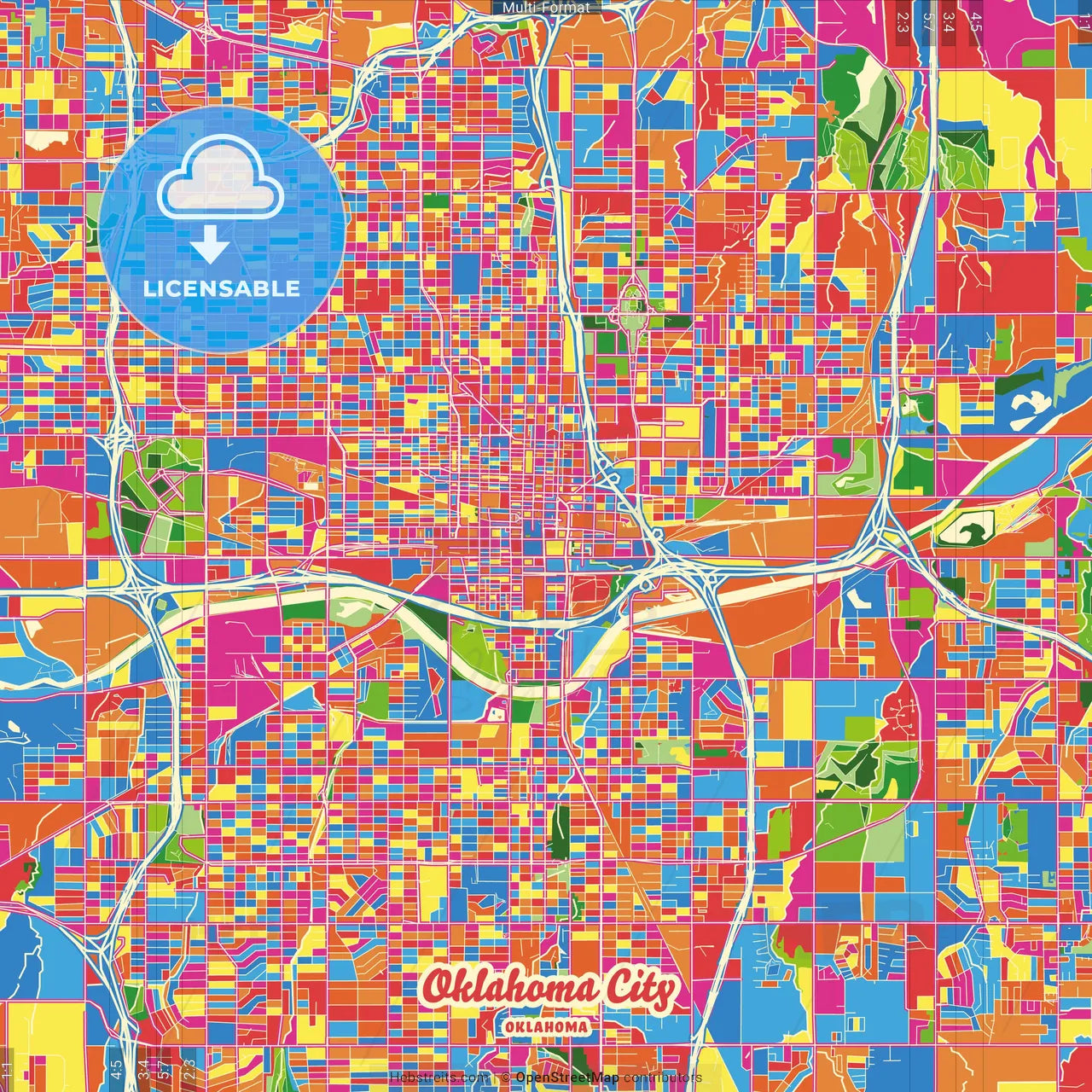 Oklahoma City, Oklahoma, United States Crazy Colorful Street Map Poster Template