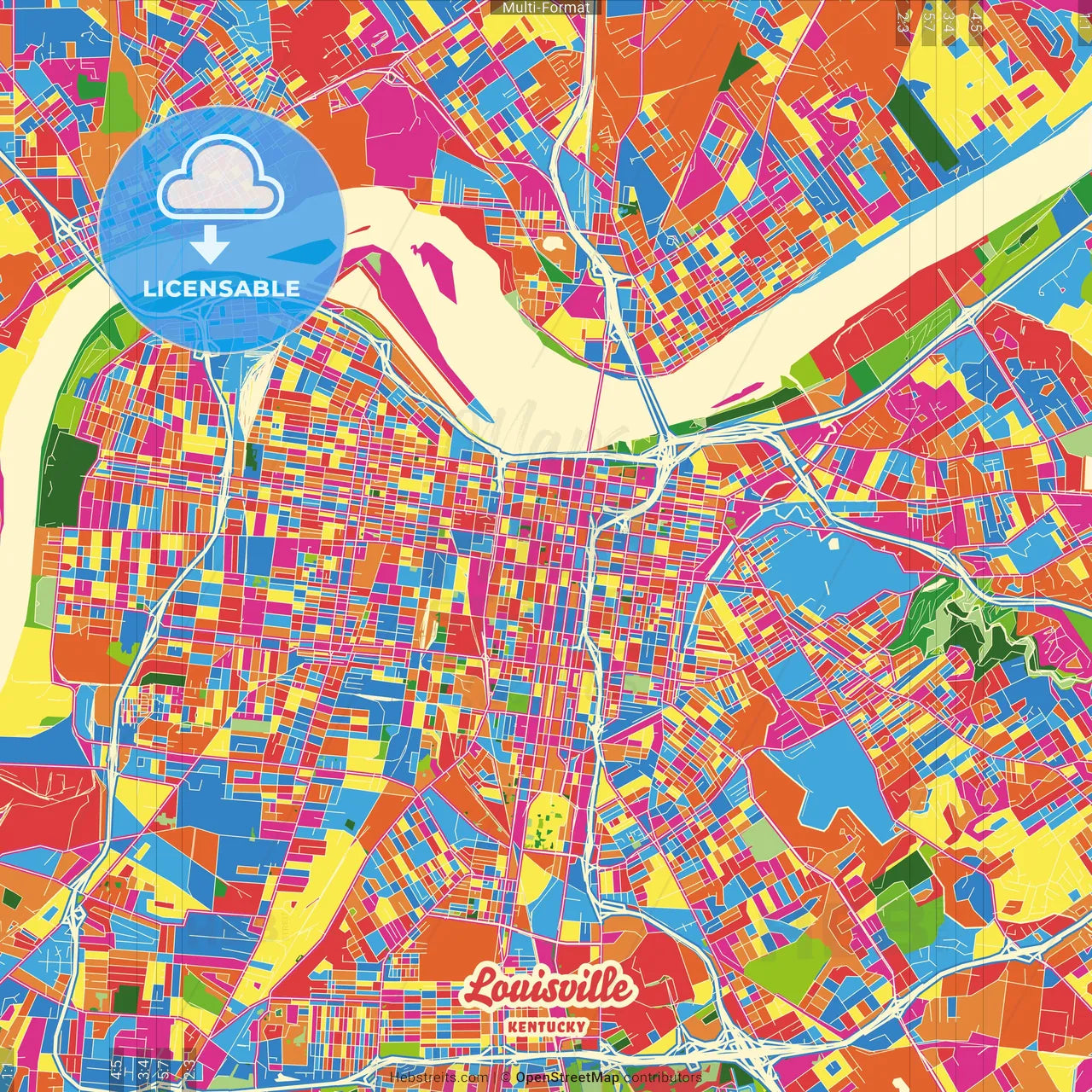 Louisville, Kentucky, United States Crazy Colorful Street Map Poster Template