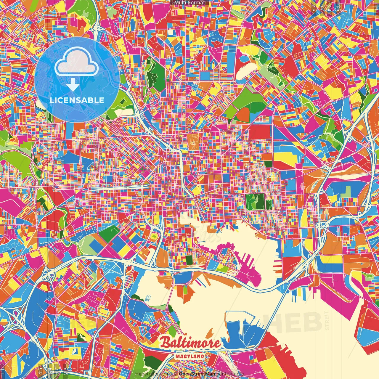 Baltimore, Maryland, United States Crazy Colorful Street Map Poster Template