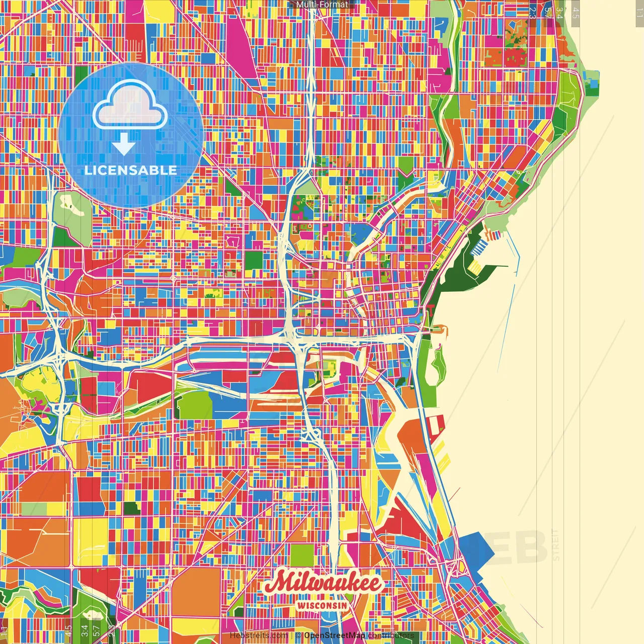 Milwaukee, Wisconsin, United States Crazy Colorful Street Map Poster Template