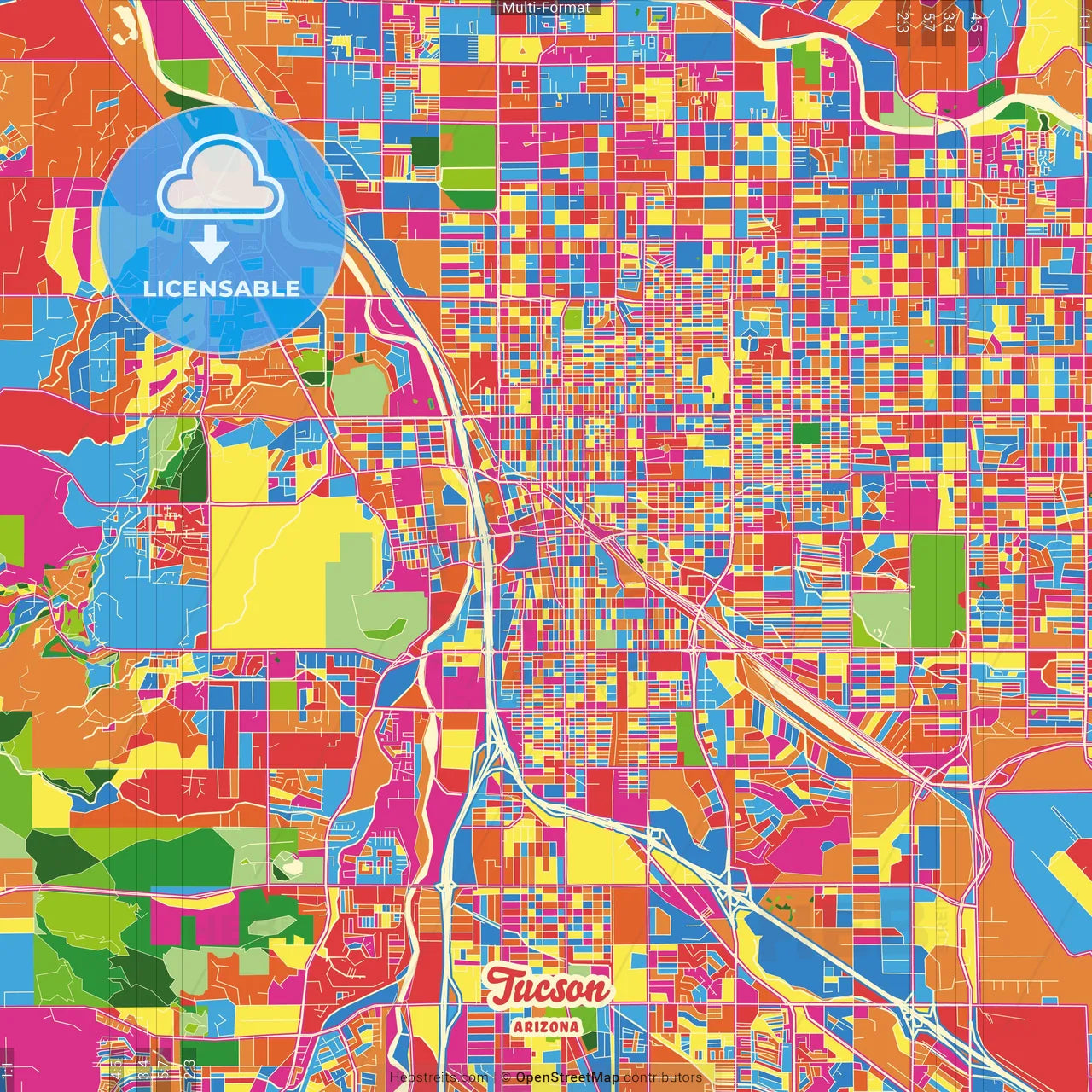 Tucson, Arizona, United States Crazy Colorful Street Map Poster Template