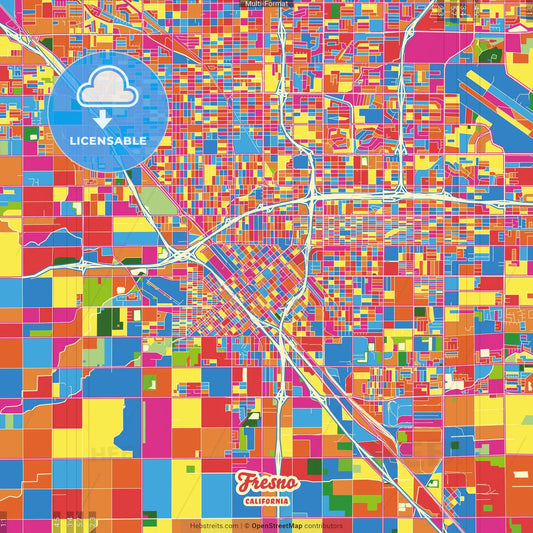 Fresno, California, United States Crazy Colorful Street Map Poster Template