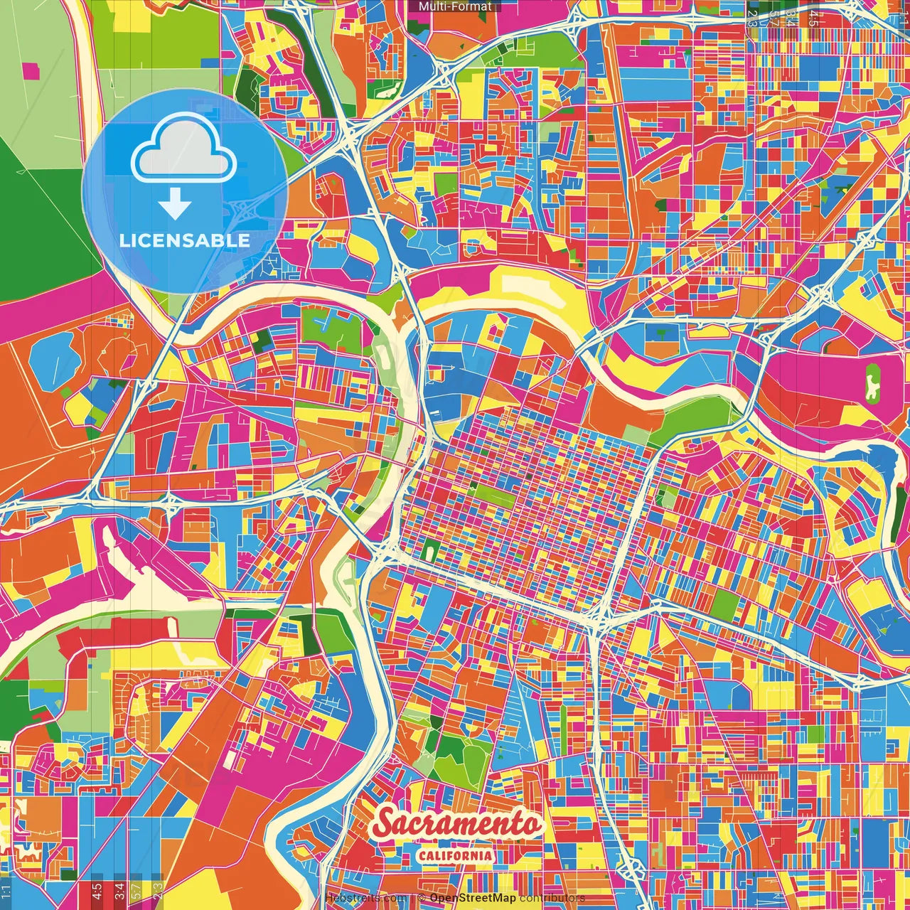 Sacramento, California, United States Crazy Colorful Street Map Poster Template