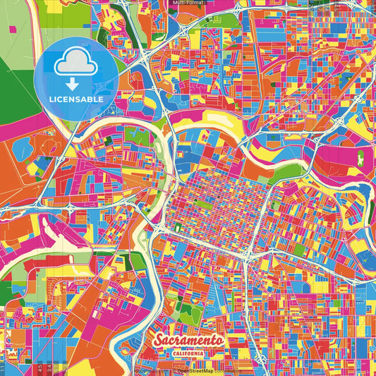 Sacramento, California, United States Crazy Colorful Street Map Poster Template
