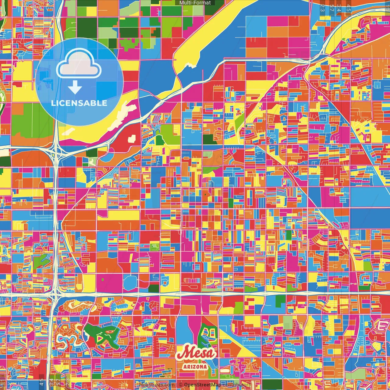 Mesa, Arizona, United States Crazy Colorful Street Map Poster Template