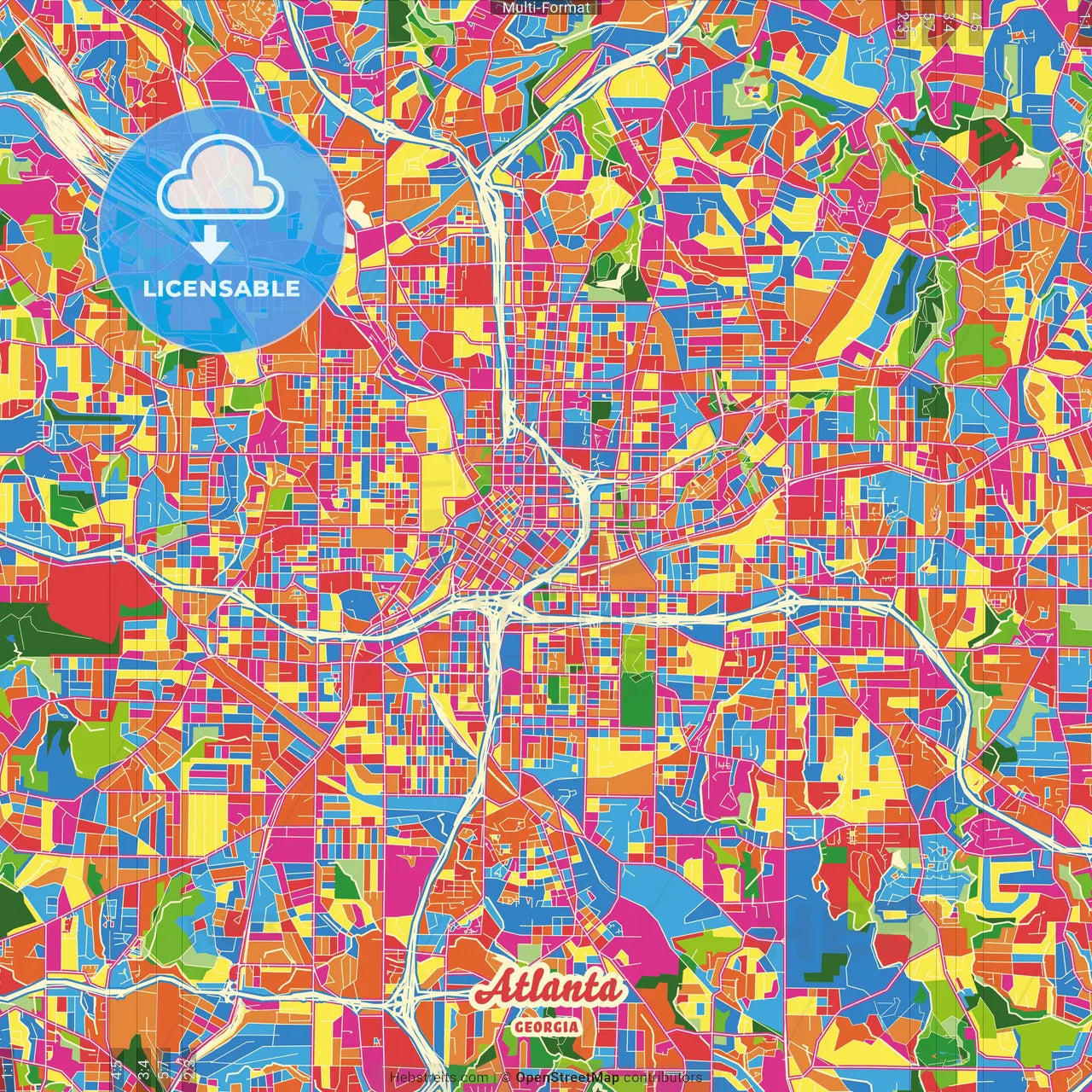 Atlanta, Georgia, United States Crazy Colorful Street Map Poster Template