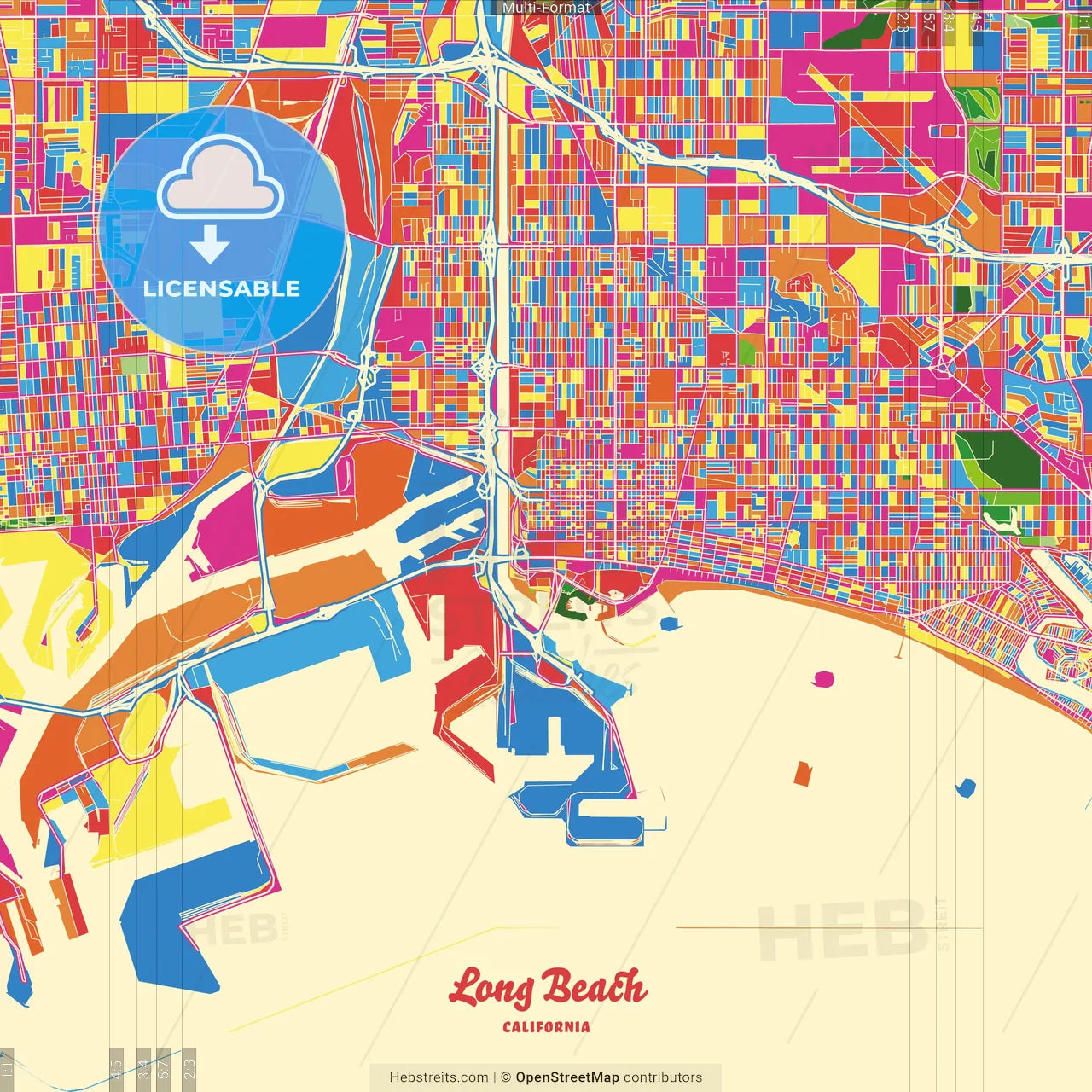 Long Beach, California, United States Crazy Colorful Street Map Poster Template