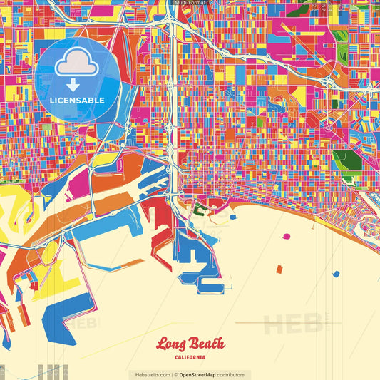 Long Beach, California, United States Crazy Colorful Street Map Poster Template
