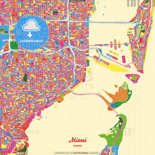 Miami, Florida, United States Crazy Colorful Street Map Poster Template