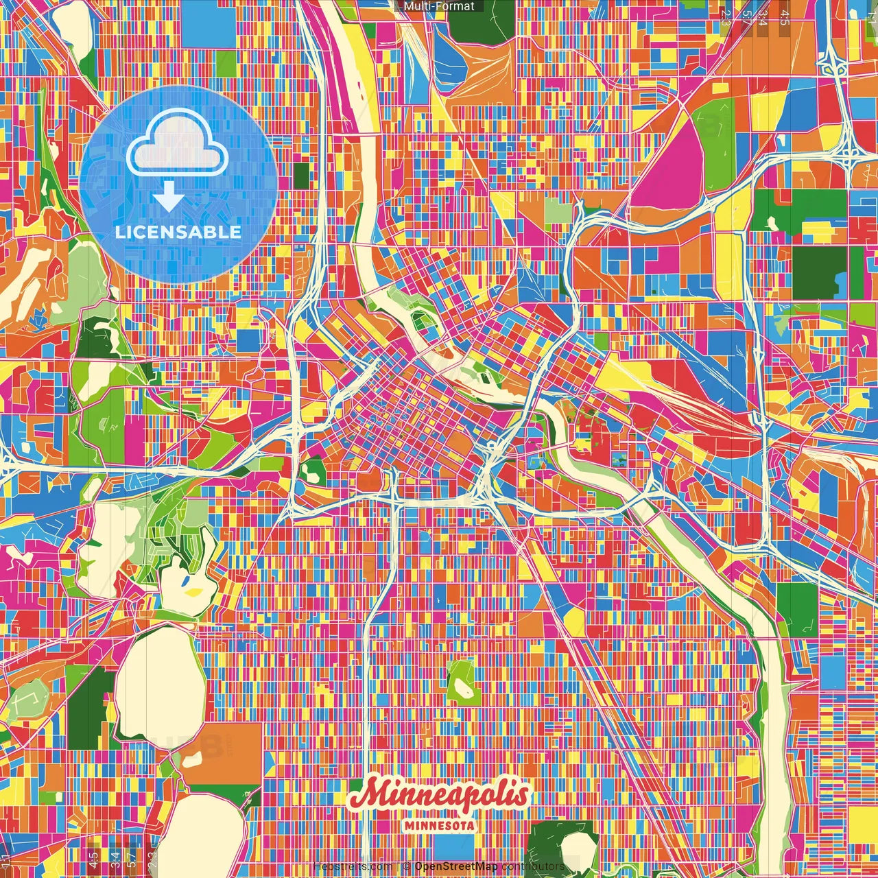 Minneapolis, Minnesota, United States Crazy Colorful Street Map Poster Template