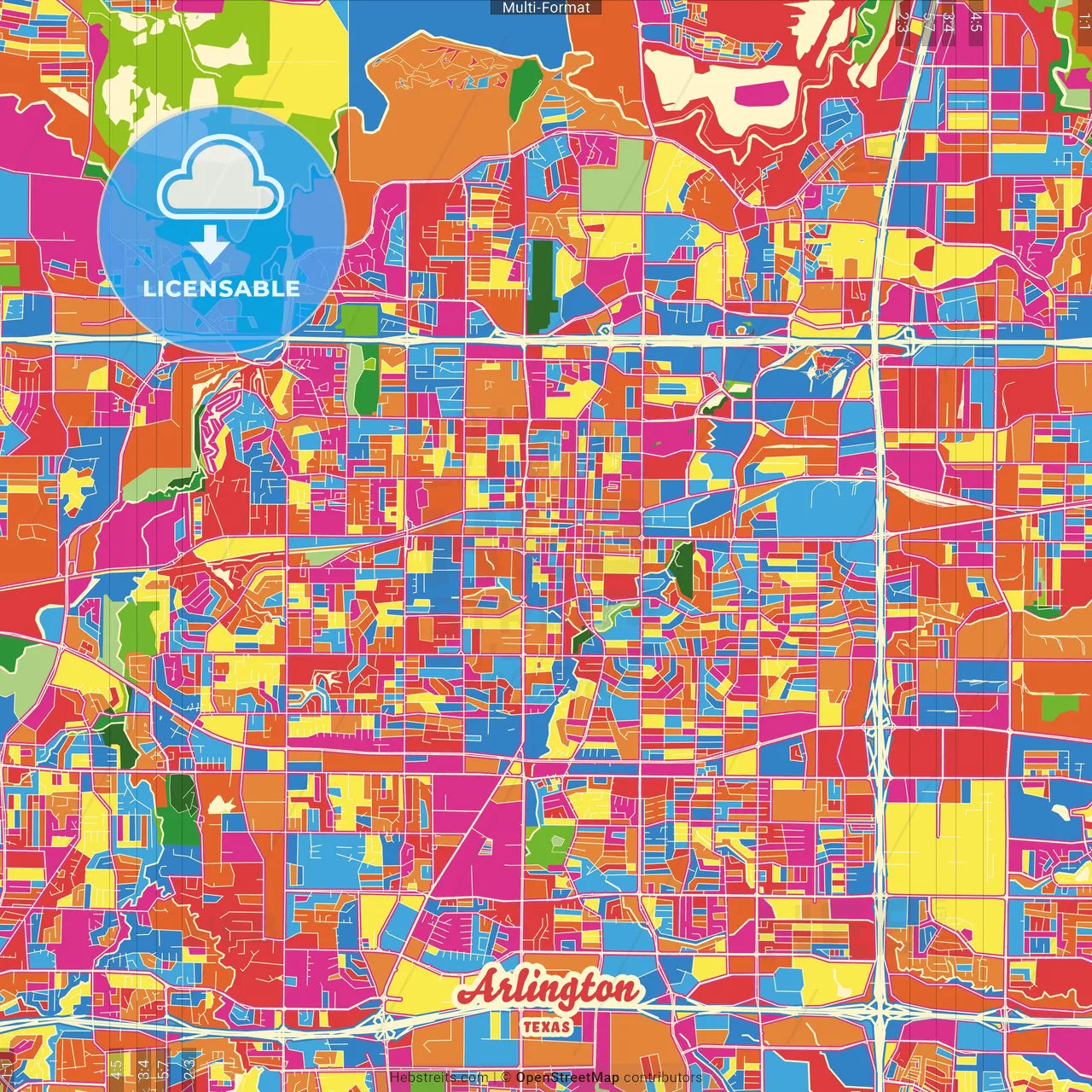 Arlington, Texas, United States Crazy Colorful Street Map Poster Template