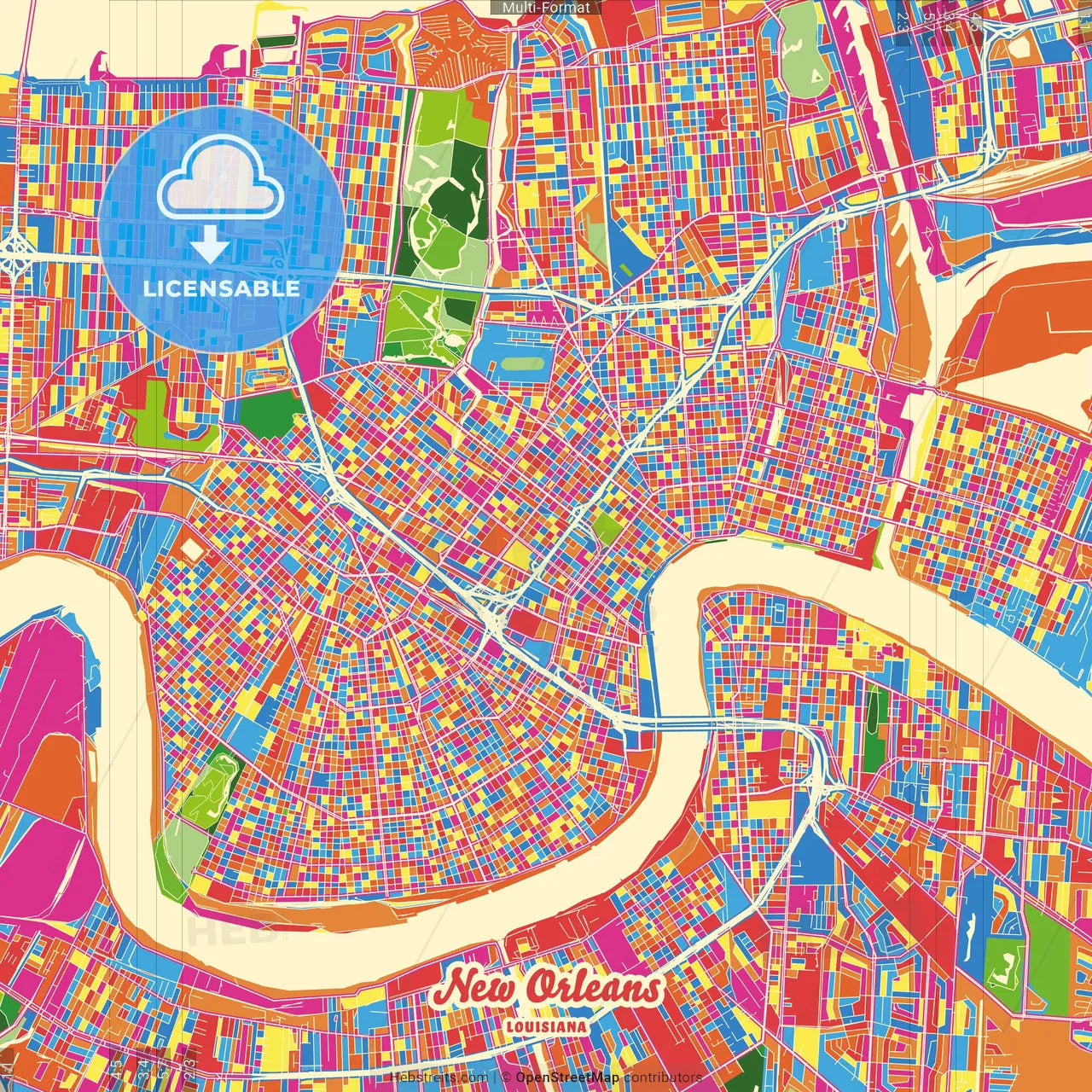 New Orleans, Louisiana, United States Crazy Colorful Street Map Poster Template