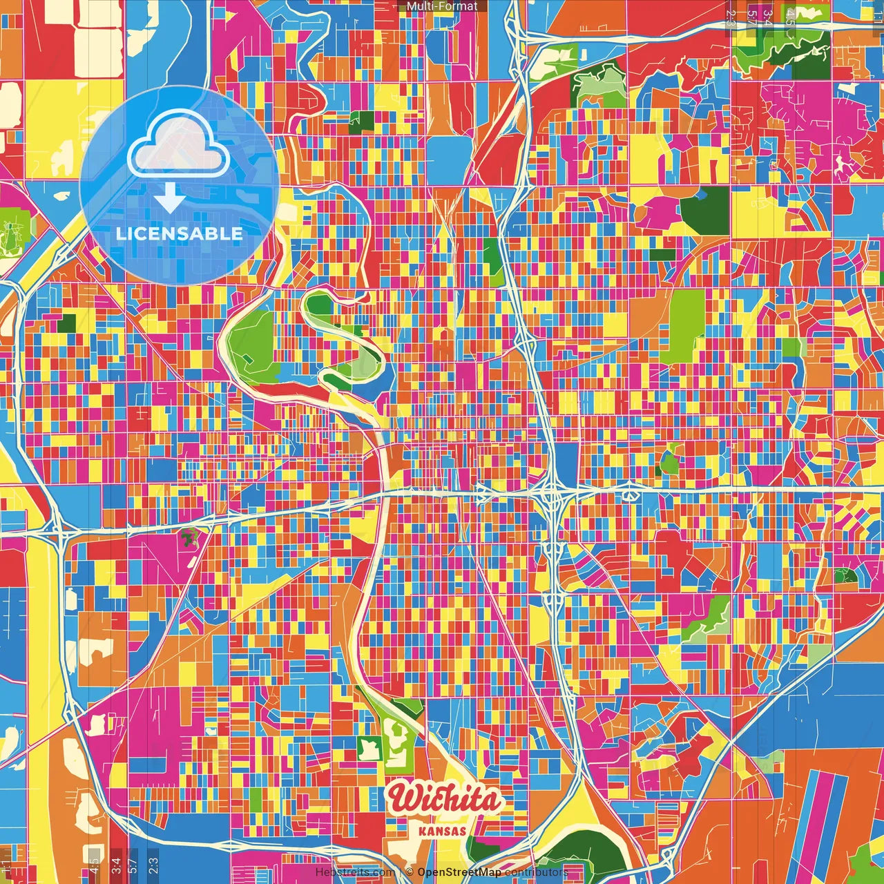 Wichita, Kansas, United States Crazy Colorful Street Map Poster Template