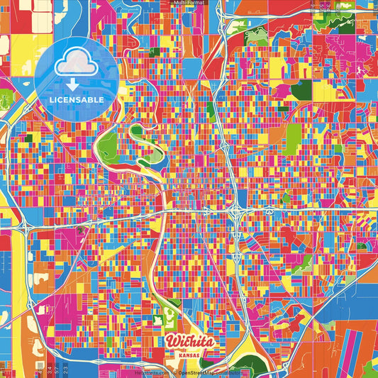 Wichita, Kansas, United States Crazy Colorful Street Map Poster Template