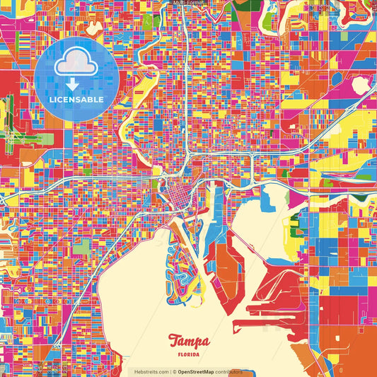 Tampa, Florida, United States Crazy Colorful Street Map Poster Template