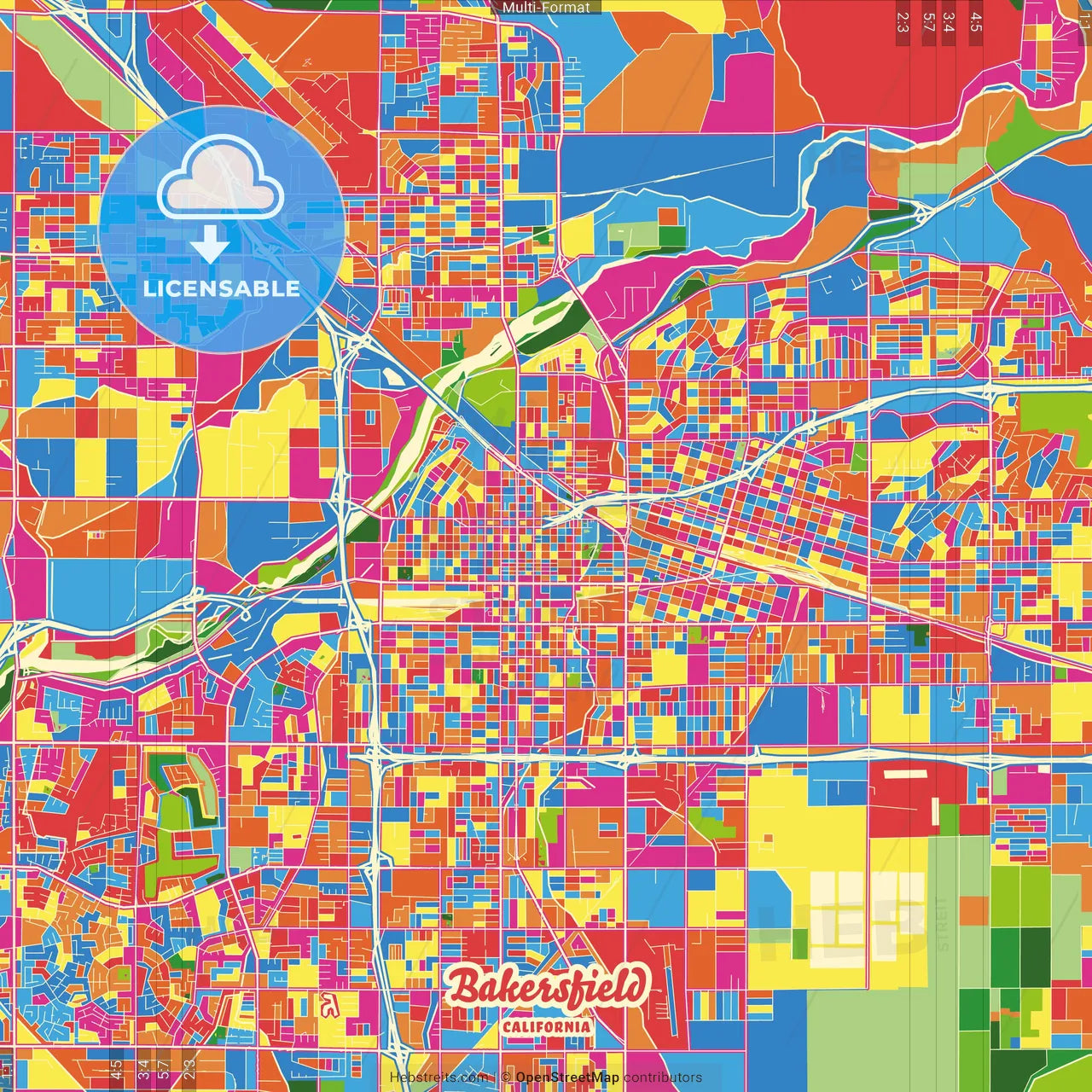 Bakersfield, California, United States Crazy Colorful Street Map Poster Template