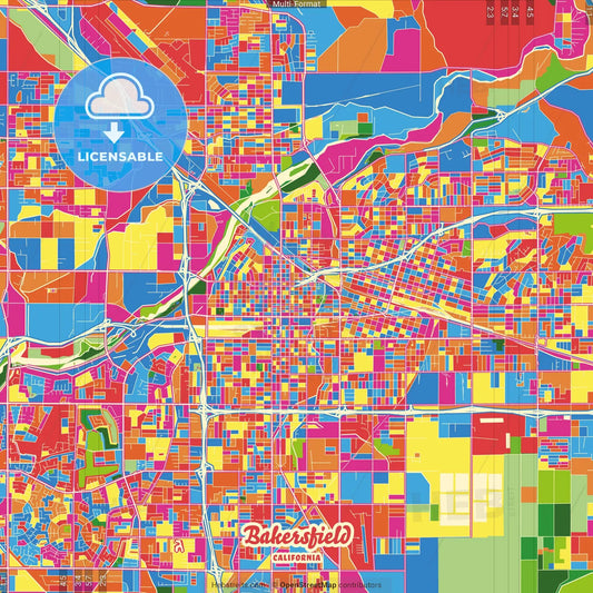 Bakersfield, California, United States Crazy Colorful Street Map Poster Template