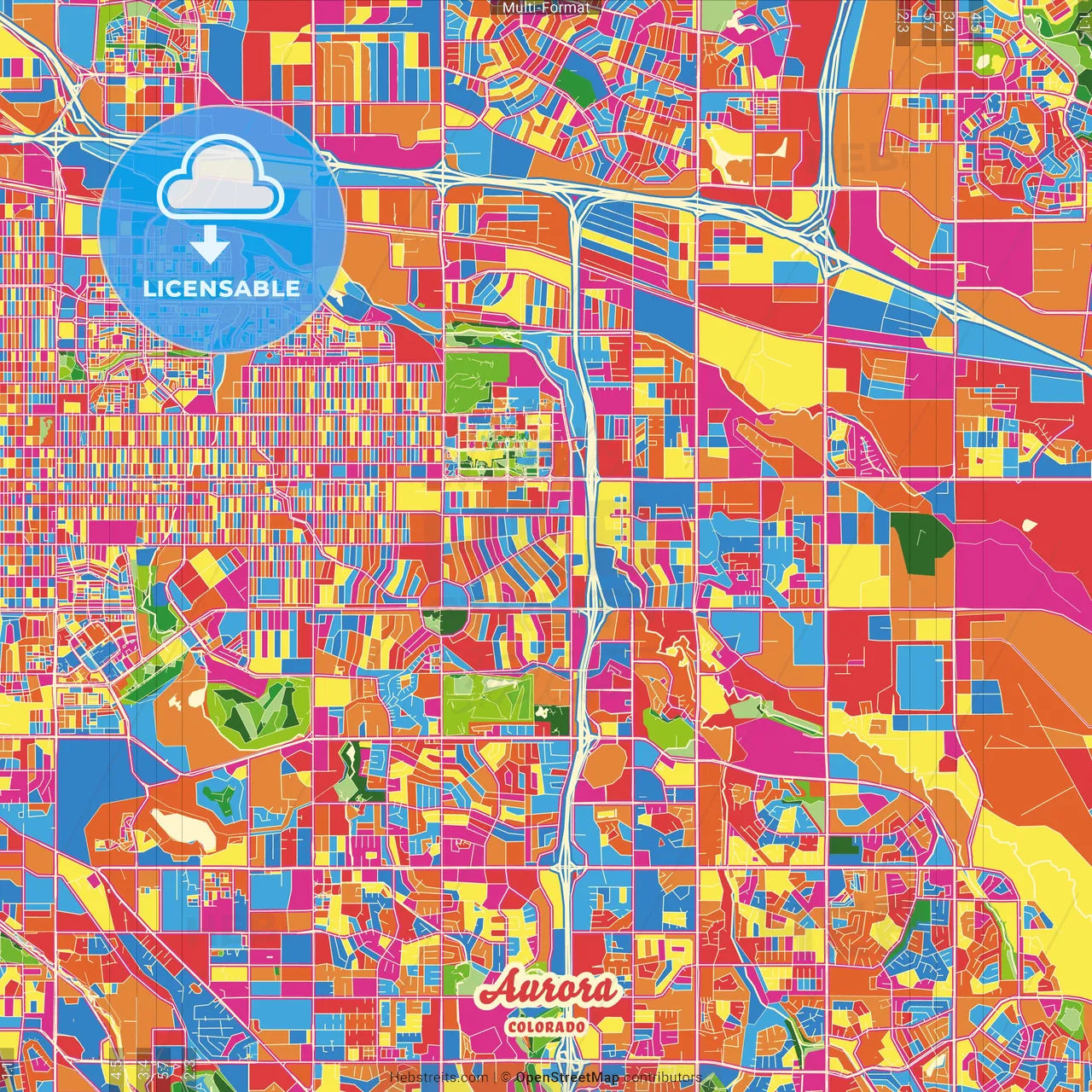 Aurora, Colorado, United States Crazy Colorful Street Map Poster Template