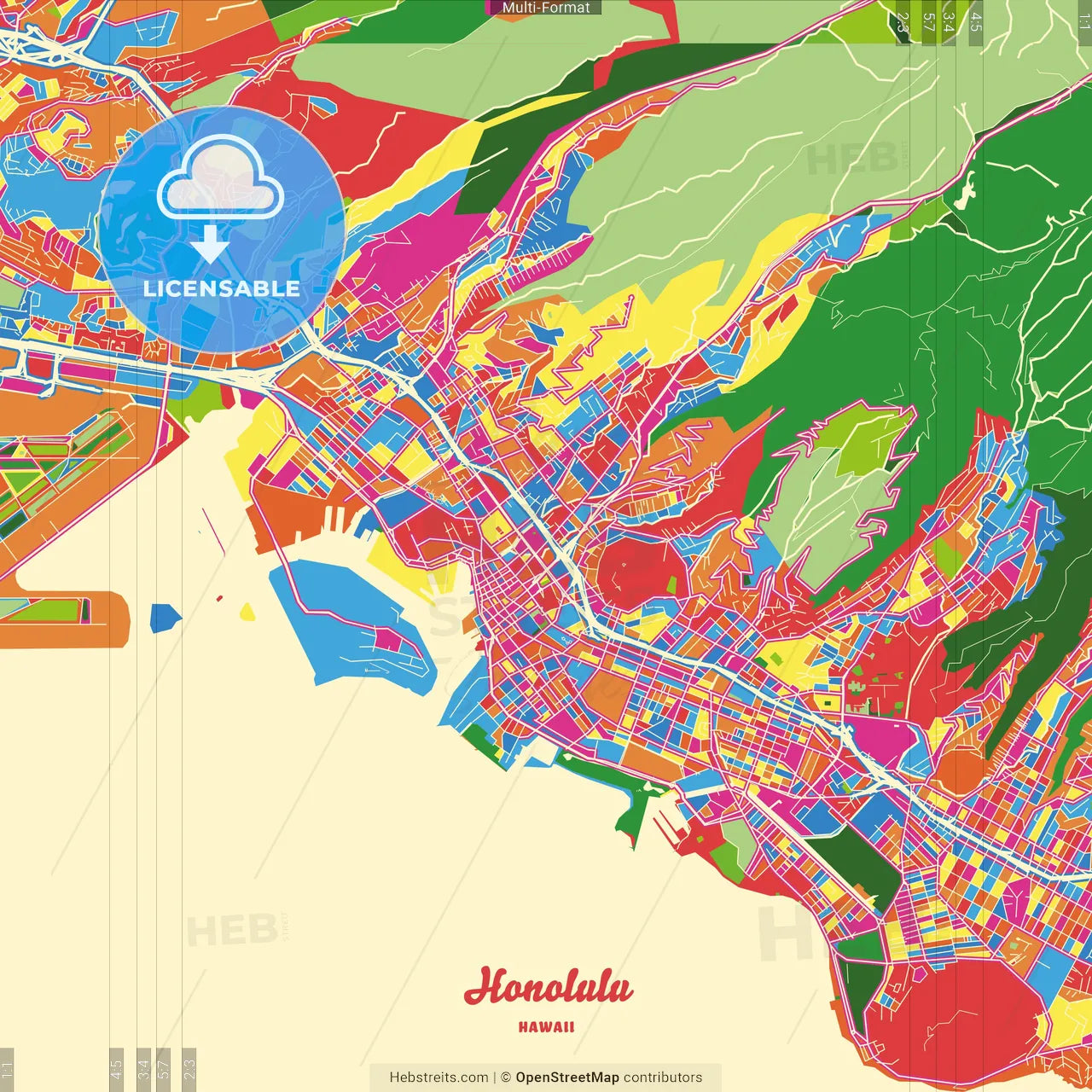 Honolulu, Hawaii, United States Crazy Colorful Street Map Poster Template