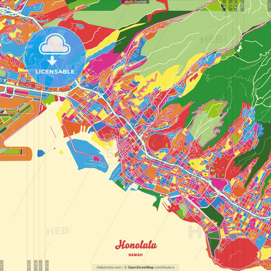 Honolulu, Hawaii, United States Crazy Colorful Street Map Poster Template