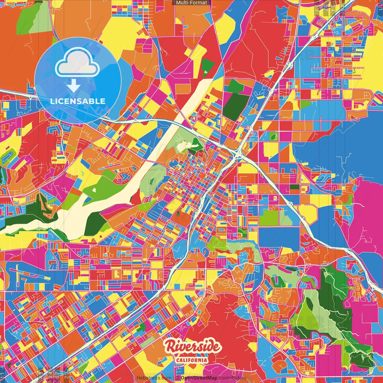 Riverside, California, United States Crazy Colorful Street Map Poster Template