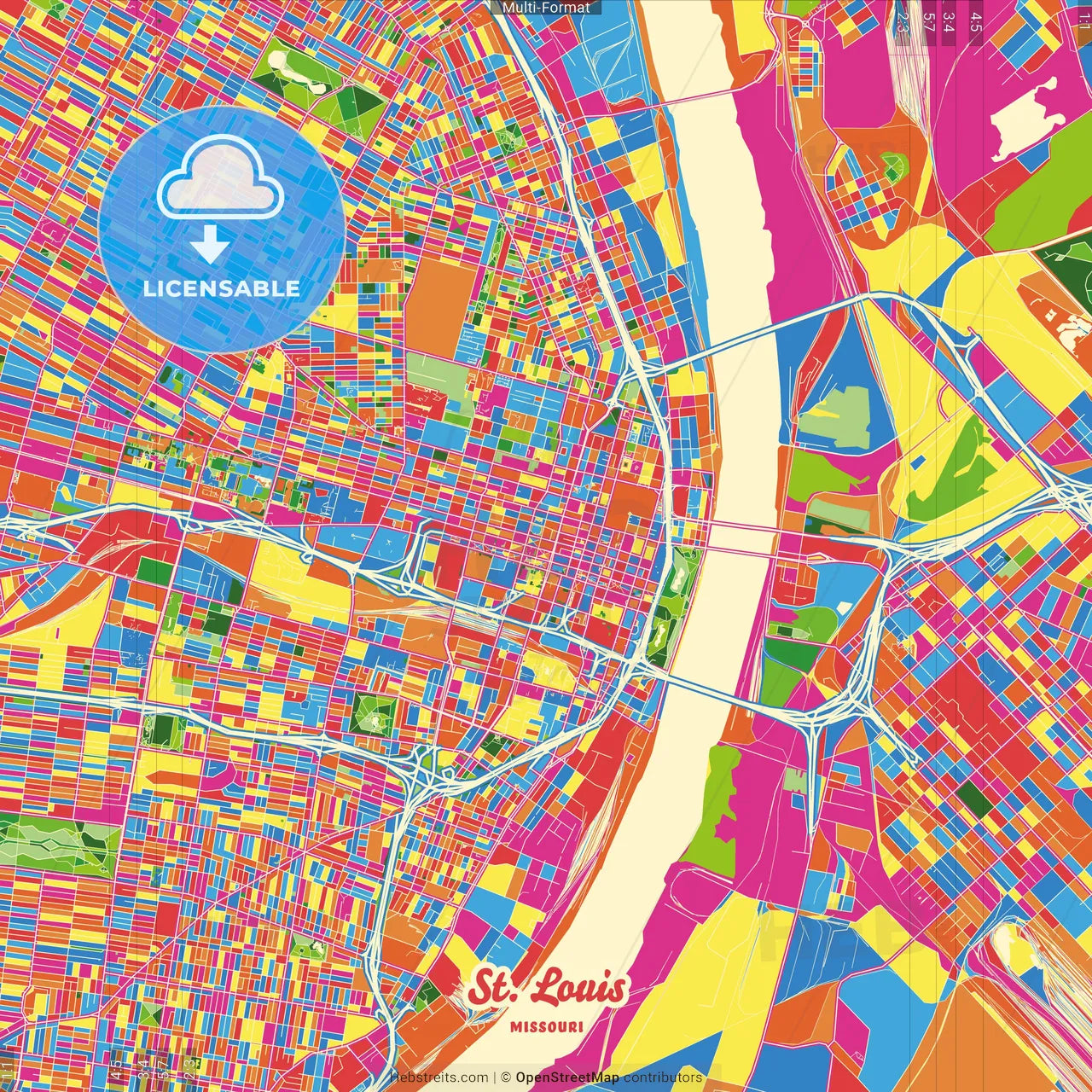 St. Louis, Missouri, United States Crazy Colorful Street Map Poster Template