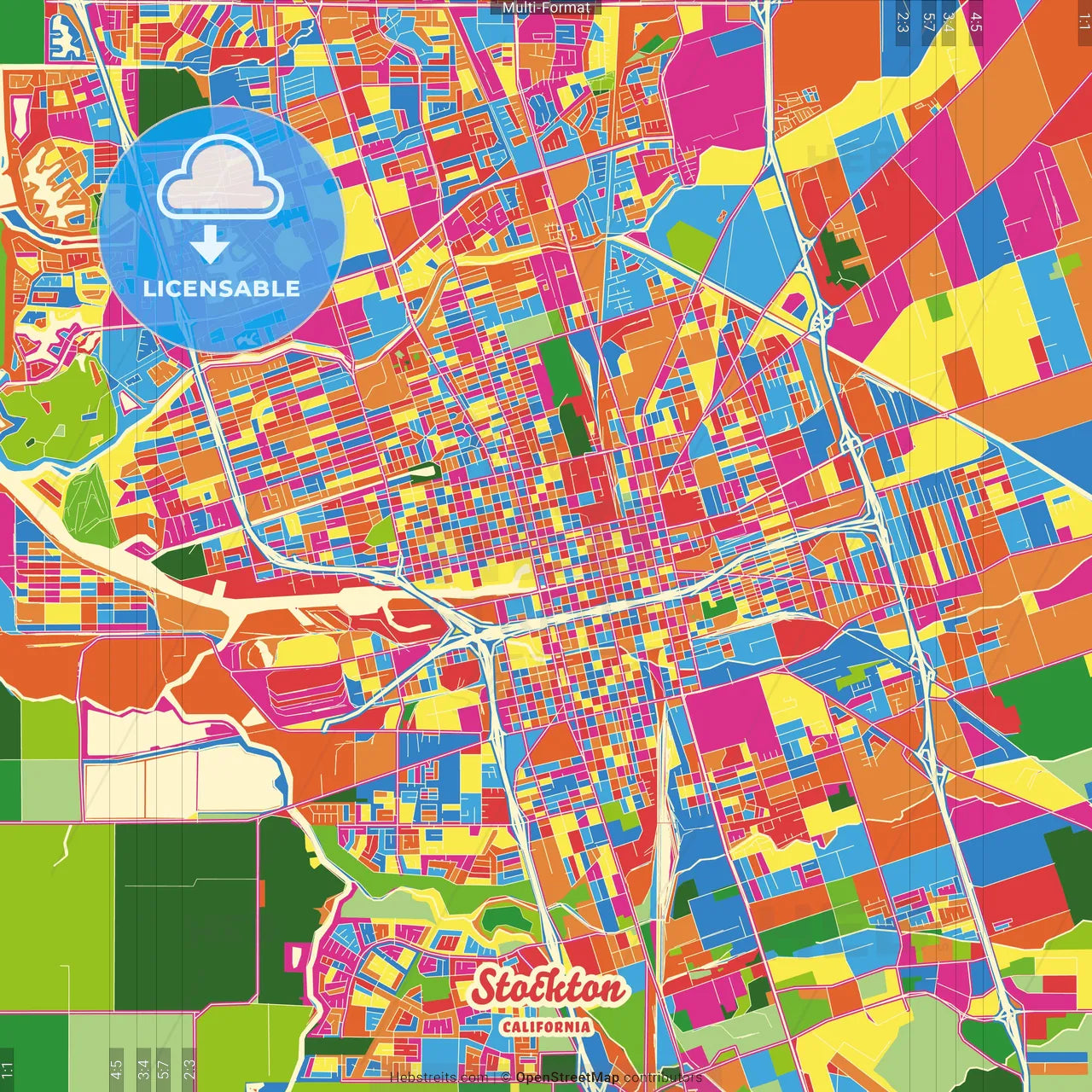 Stockton, California, United States Crazy Colorful Street Map Poster Template