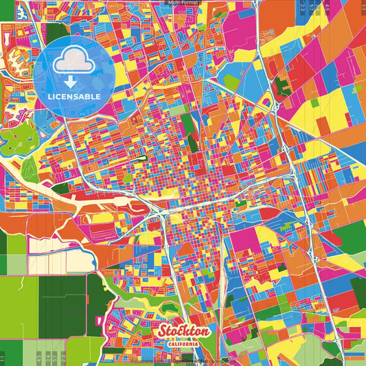 Stockton, California, United States Crazy Colorful Street Map Poster Template