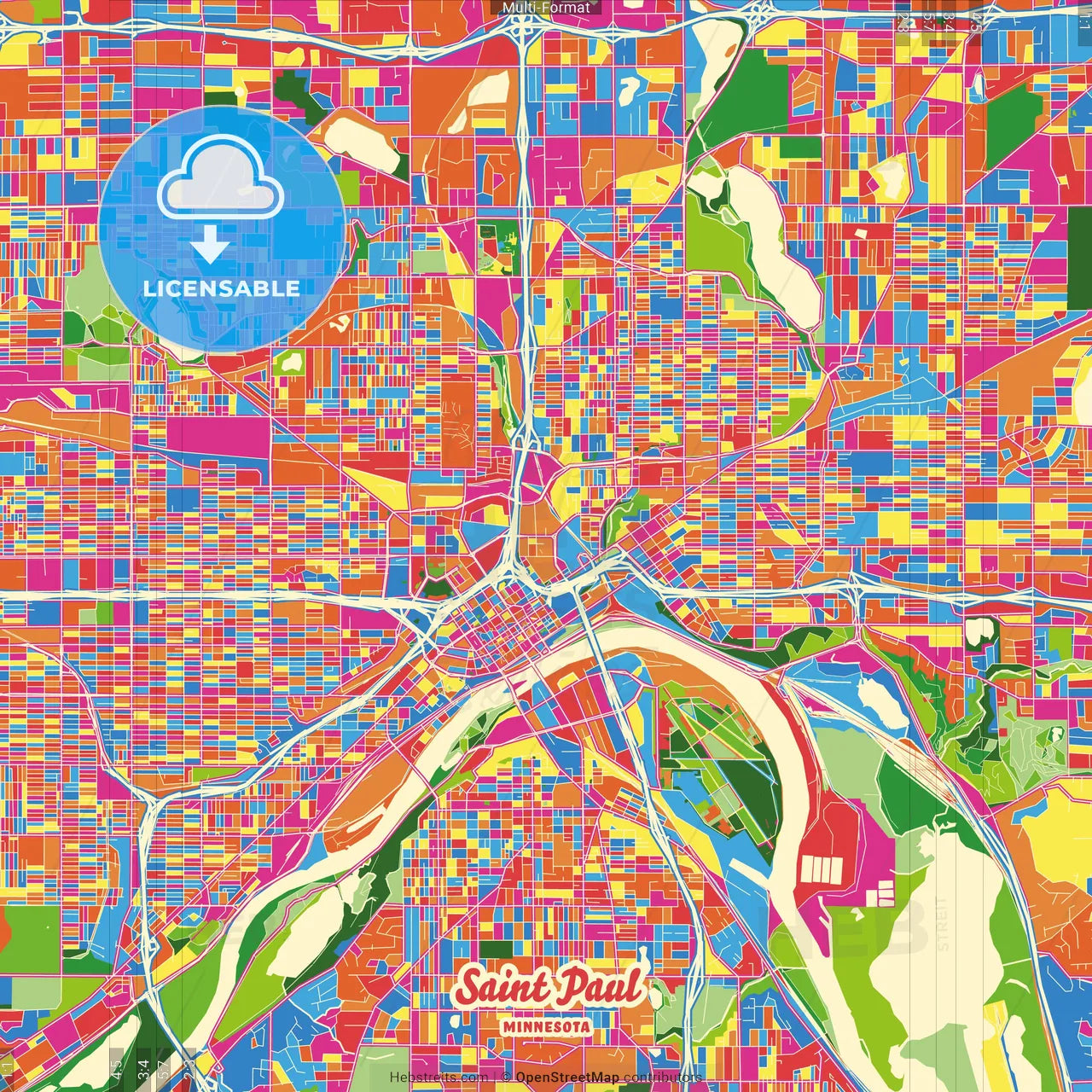 Saint Paul, Minnesota, United States Crazy Colorful Street Map Poster Template