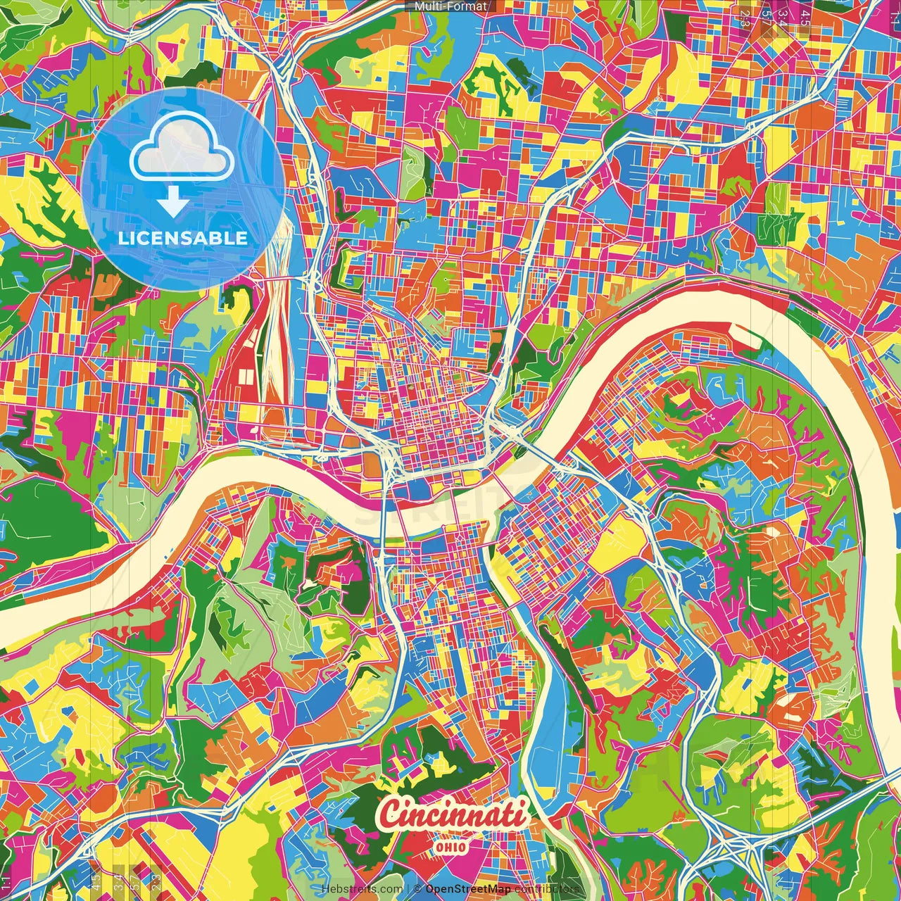 Cincinnati, Ohio, United States Crazy Colorful Street Map Poster Template