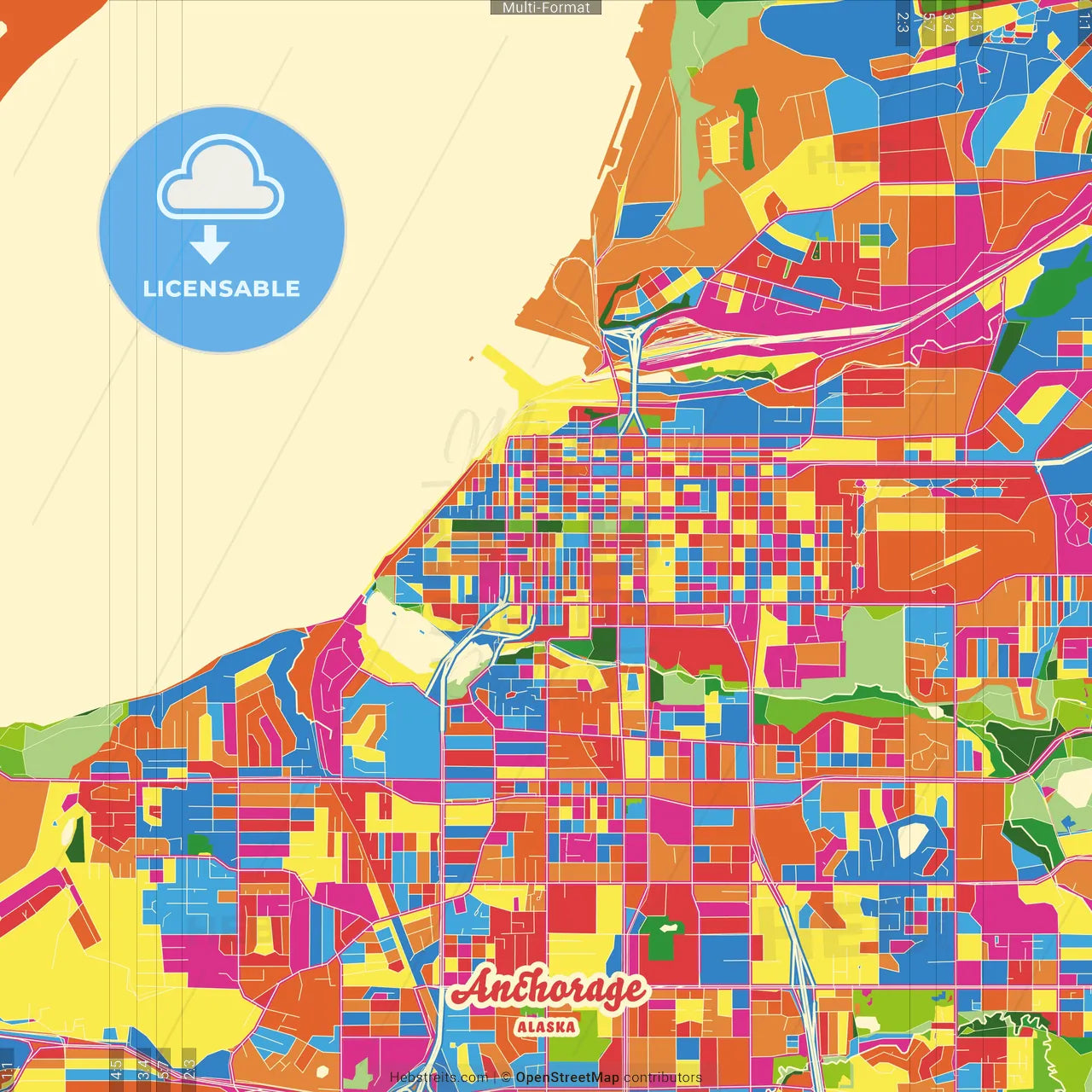 Anchorage, Alaska, United States Crazy Colorful Street Map Poster Template