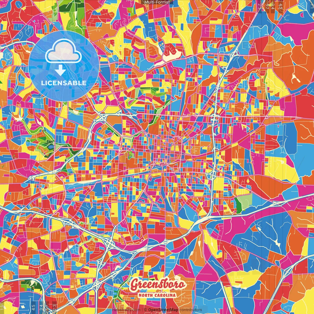 Greensboro, North Carolina, United States Crazy Colorful Street Map Poster Template