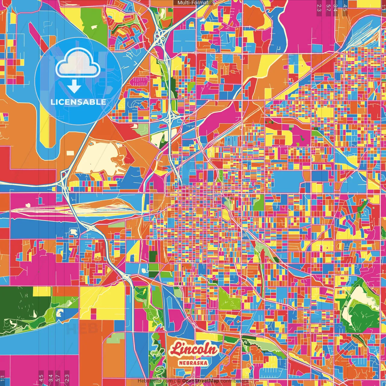 Lincoln, Nebraska, United States Crazy Colorful Street Map Poster Template