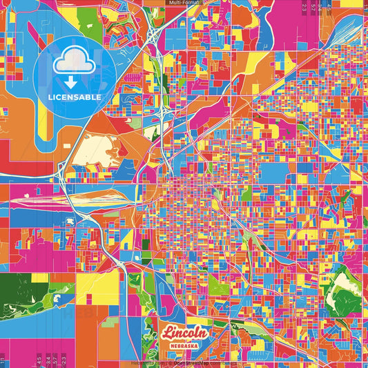 Lincoln, Nebraska, United States Crazy Colorful Street Map Poster Template