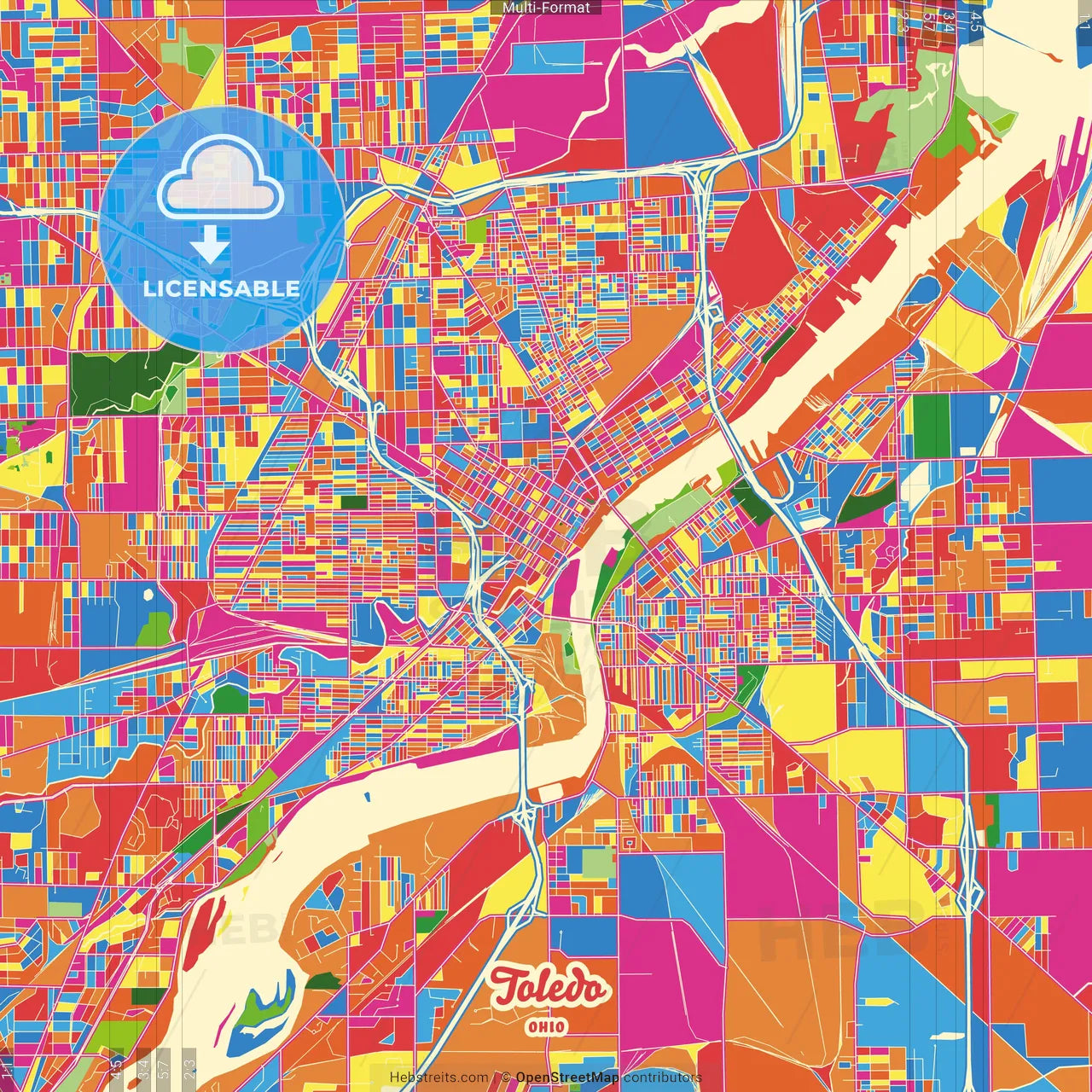 Toledo, Ohio, United States Crazy Colorful Street Map Poster Template