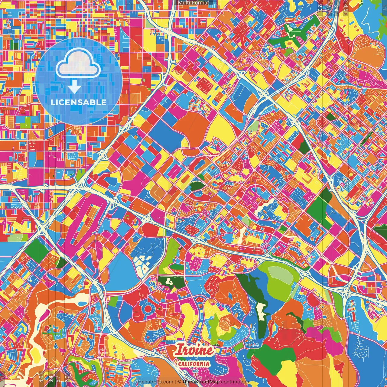 Irvine, California, United States Crazy Colorful Street Map Poster Template