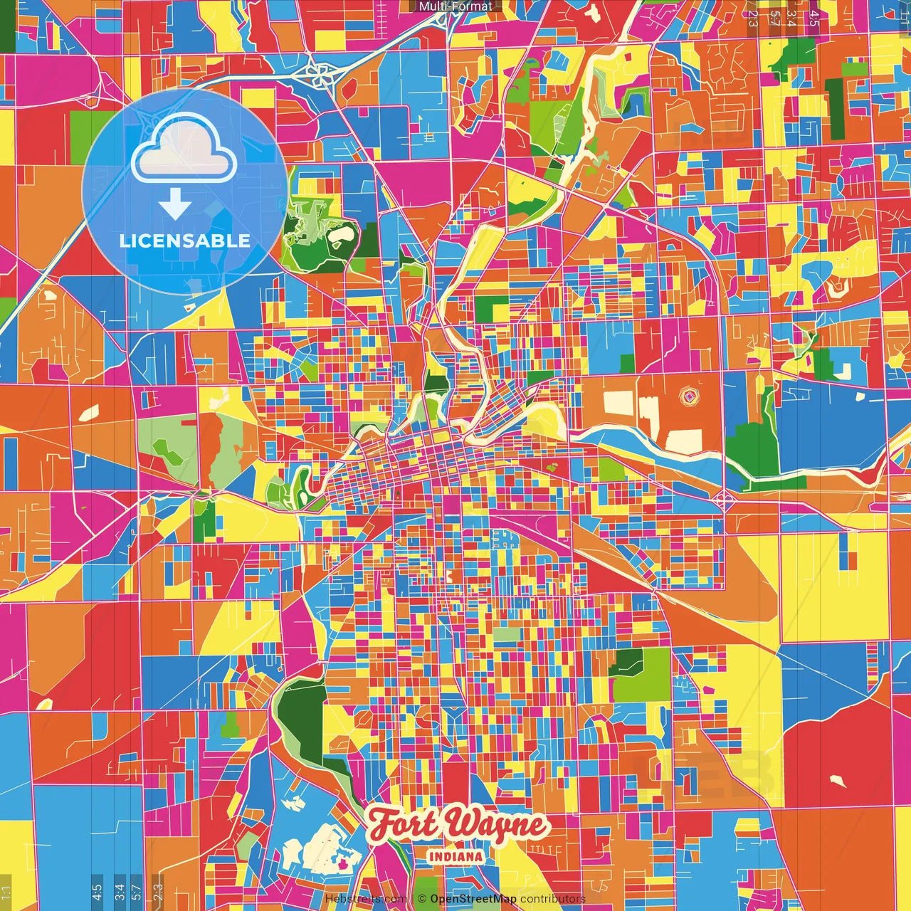 Fort Wayne, Indiana, United States Crazy Colorful Street Map Poster Template