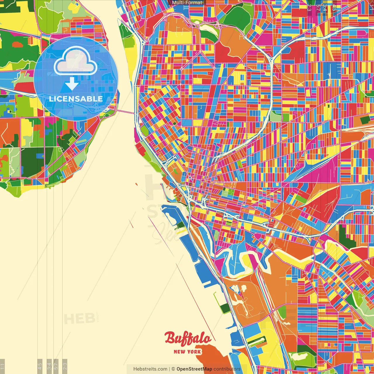 Buffalo, New York, United States Crazy Colorful Street Map Poster Template