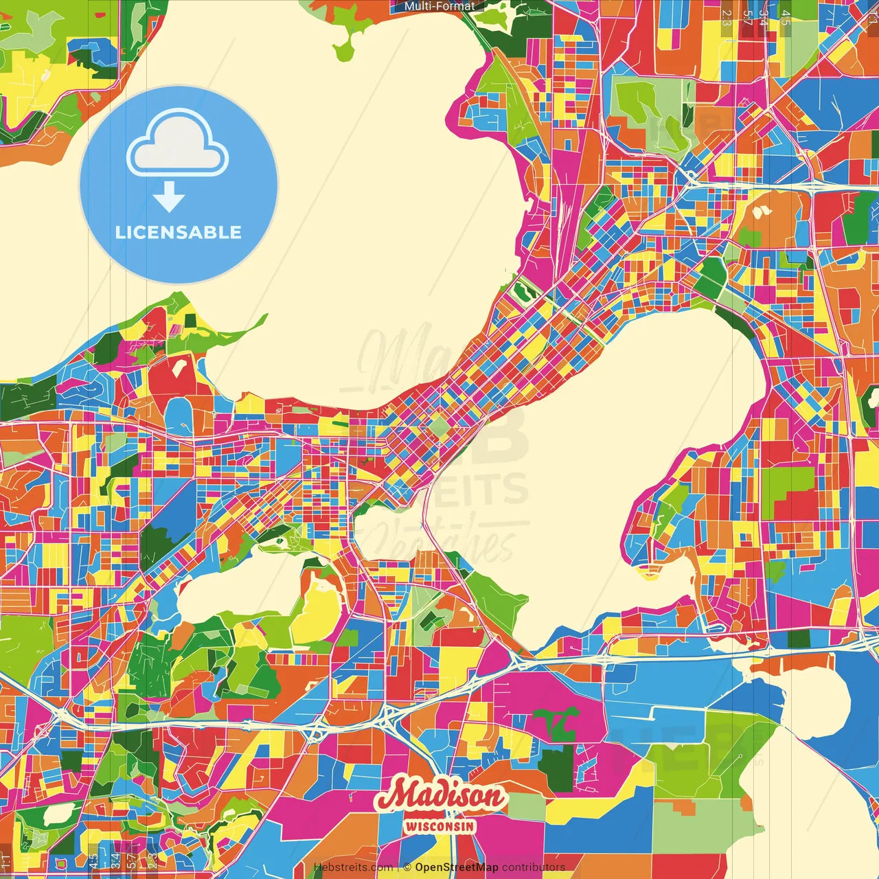 Madison, Wisconsin, United States Crazy Colorful Street Map Poster Template