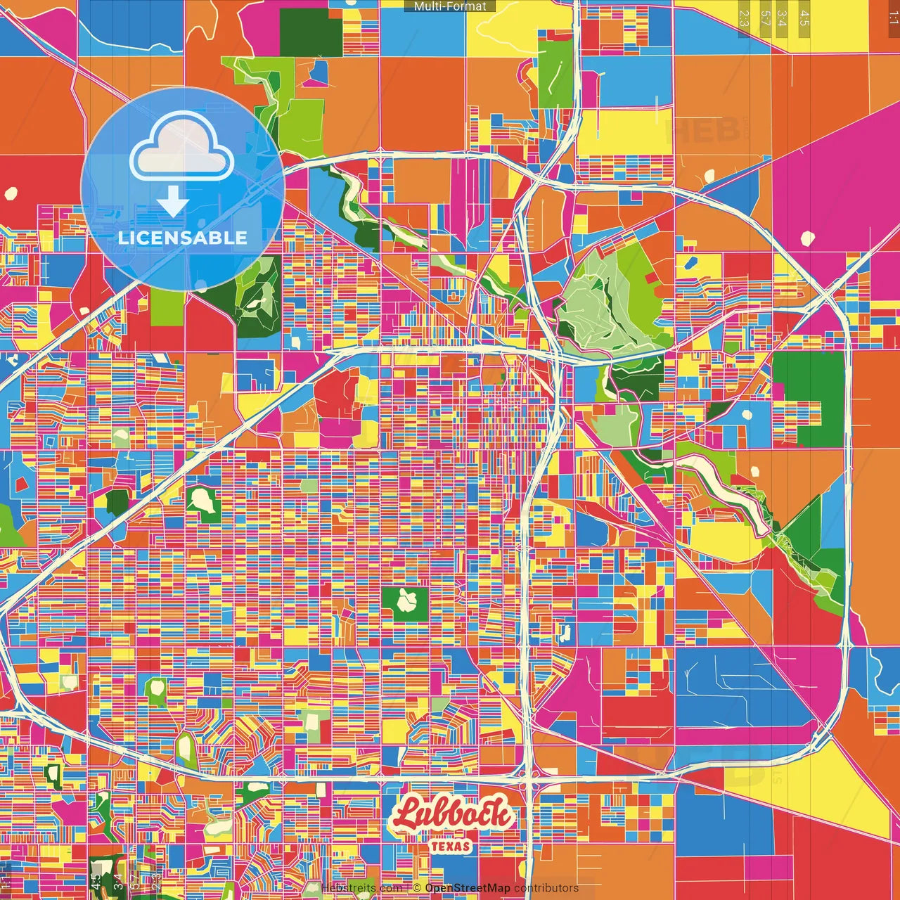 Lubbock, Texas, United States Crazy Colorful Street Map Poster Template