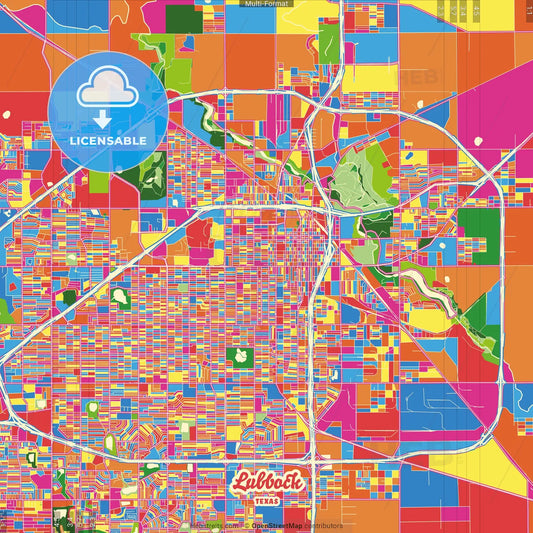 Lubbock, Texas, United States Crazy Colorful Street Map Poster Template