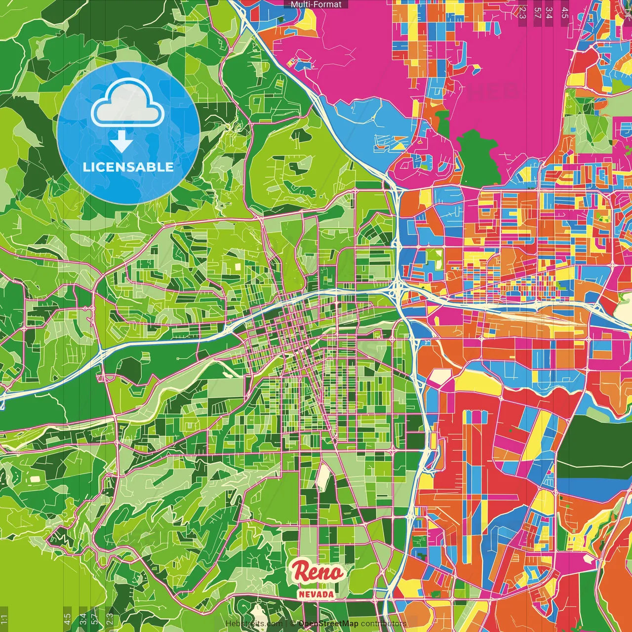 Reno, Nevada, United States Crazy Colorful Street Map Poster Template