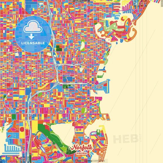 Norfolk, Virginia, United States Crazy Colorful Street Map Poster Template