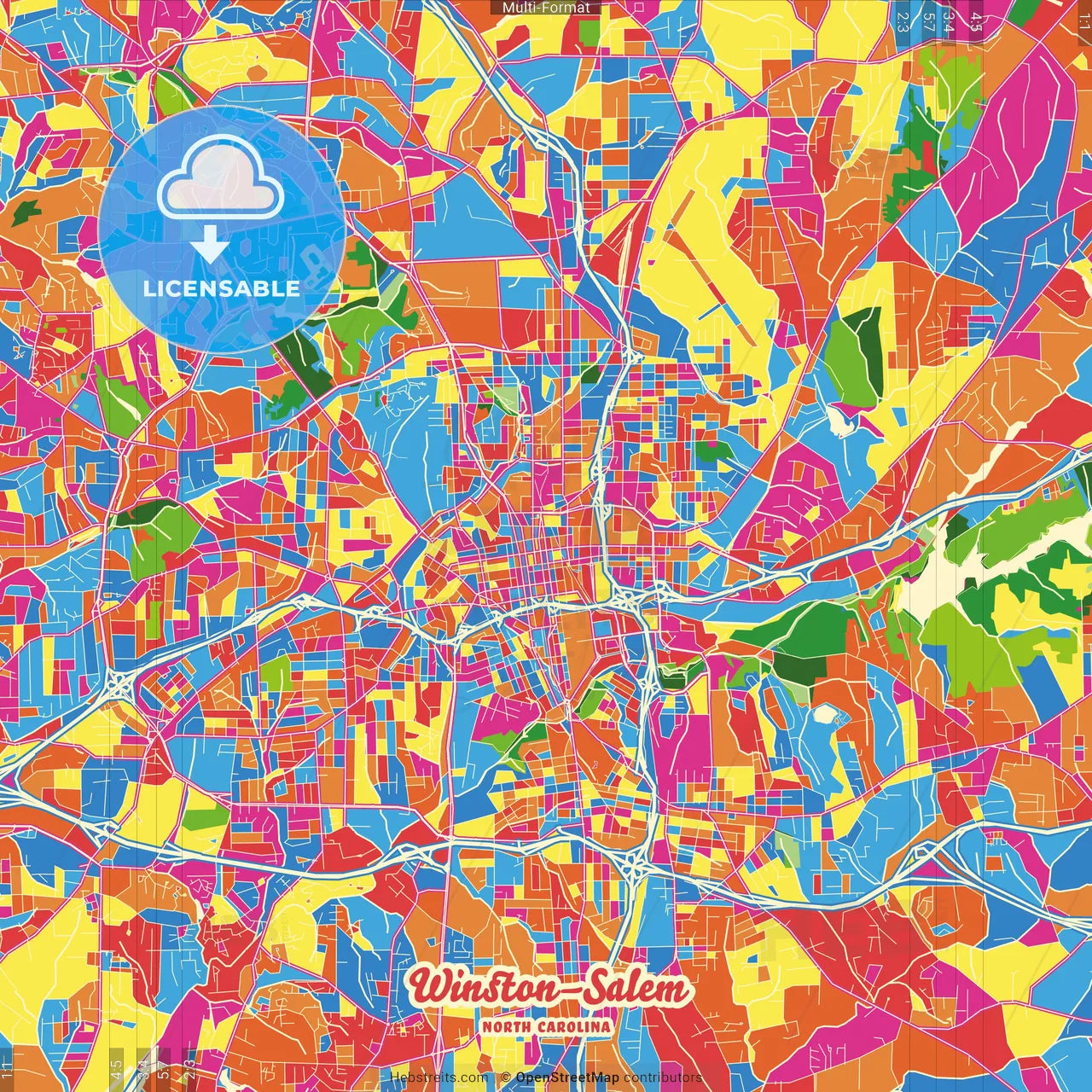 Winston–Salem, North Carolina, United States Crazy Colorful Street Map Poster Template