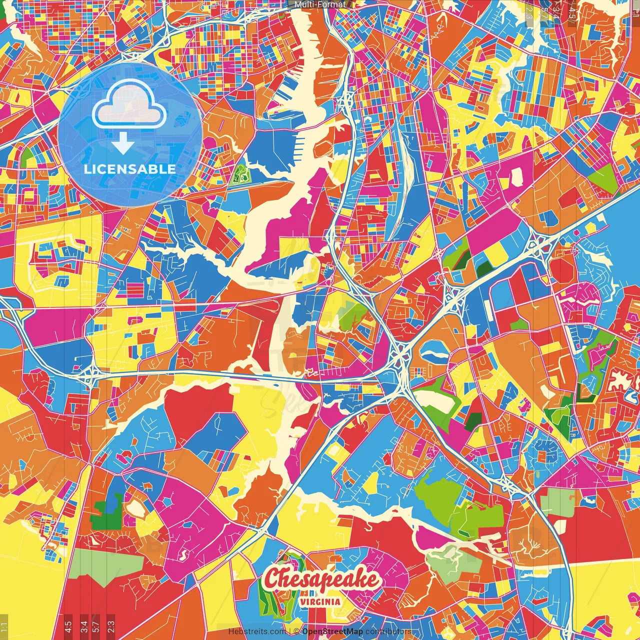 Chesapeake, Virginia, United States Crazy Colorful Street Map Poster Template