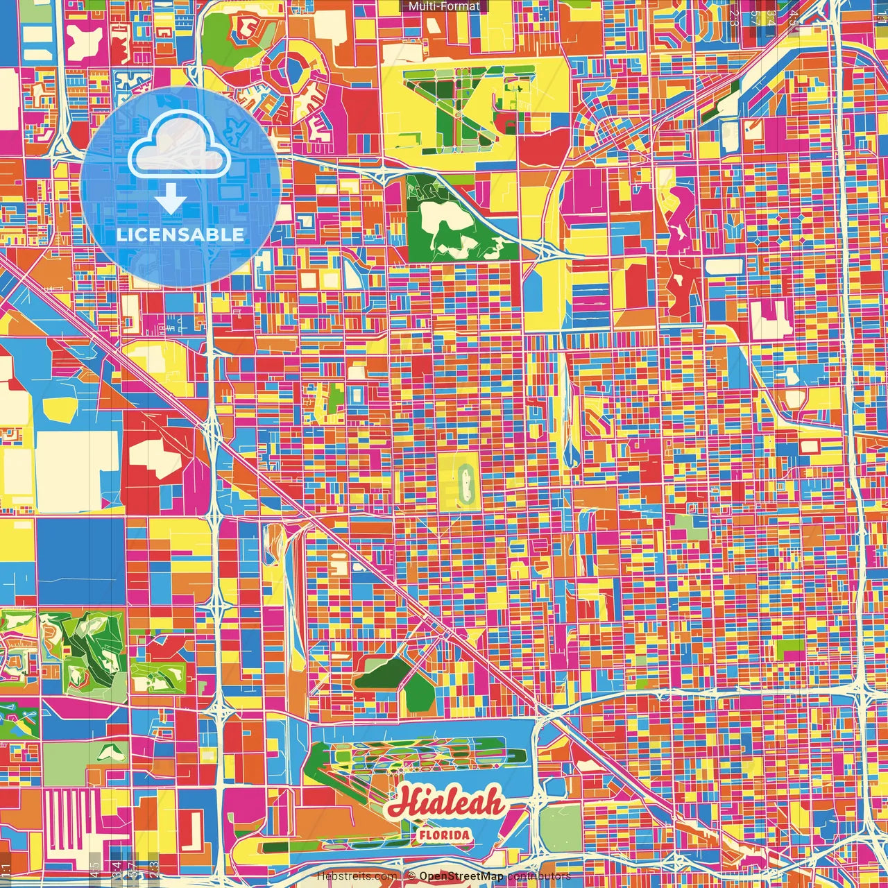 Hialeah, Florida, United States Crazy Colorful Street Map Poster Template