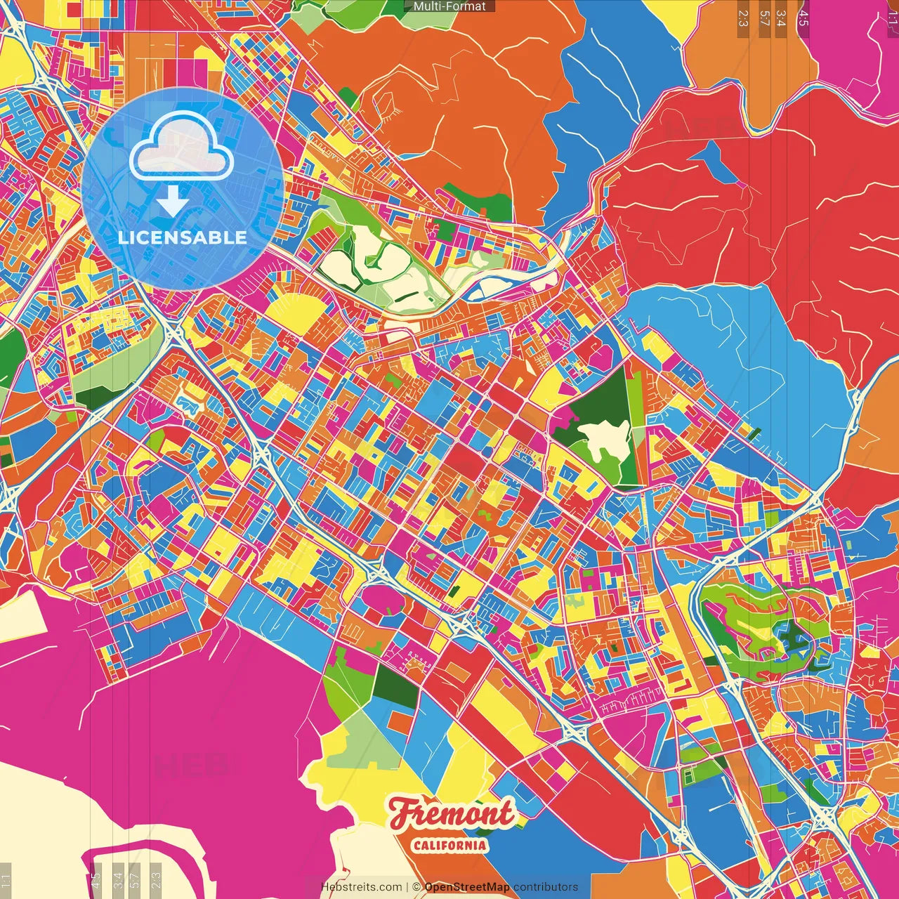 Fremont, California, United States Crazy Colorful Street Map Poster Template