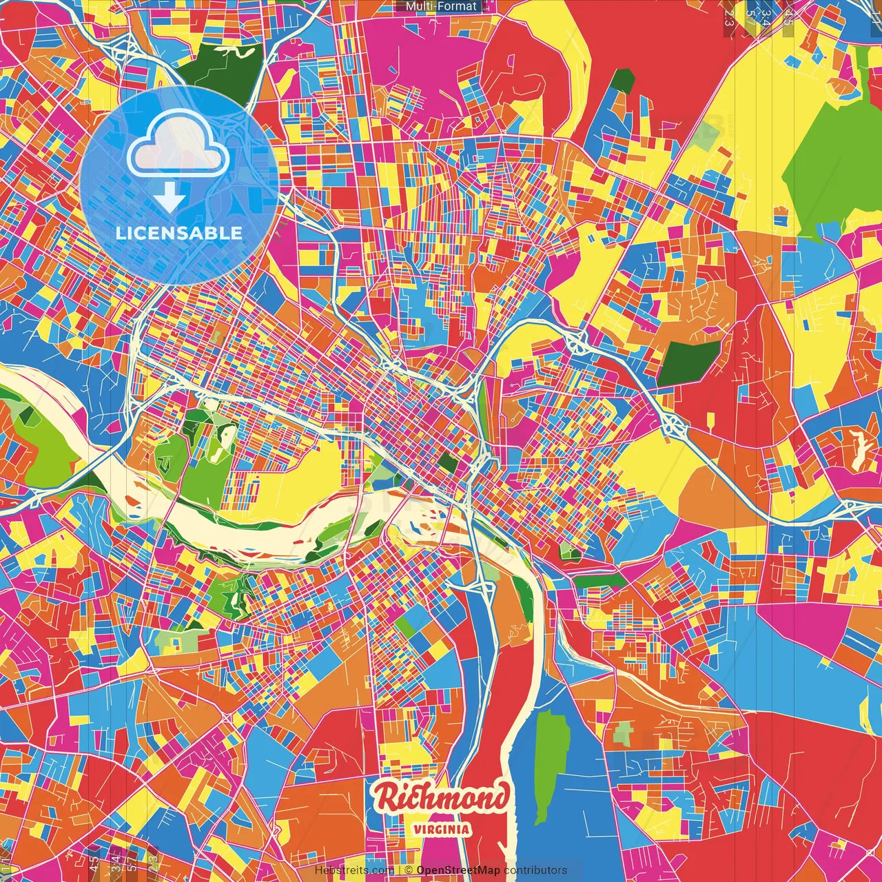 Richmond, Virginia, United States Crazy Colorful Street Map Poster Template