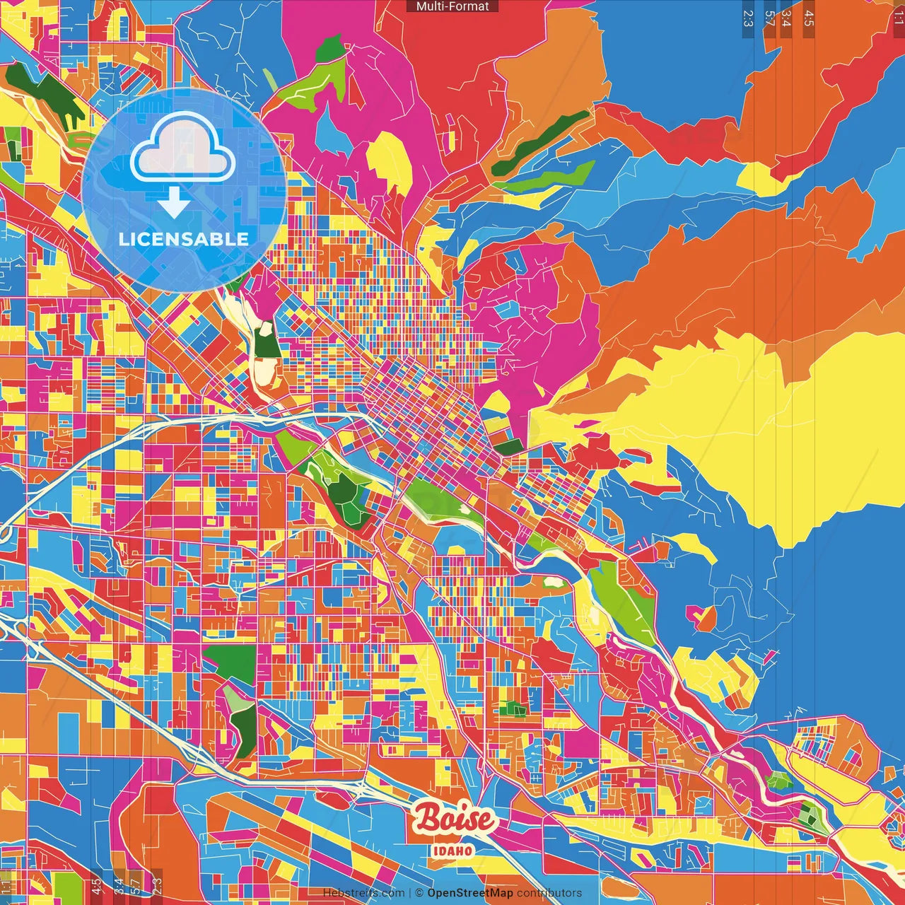 Boise, Idaho, United States Crazy Colorful Street Map Poster Template