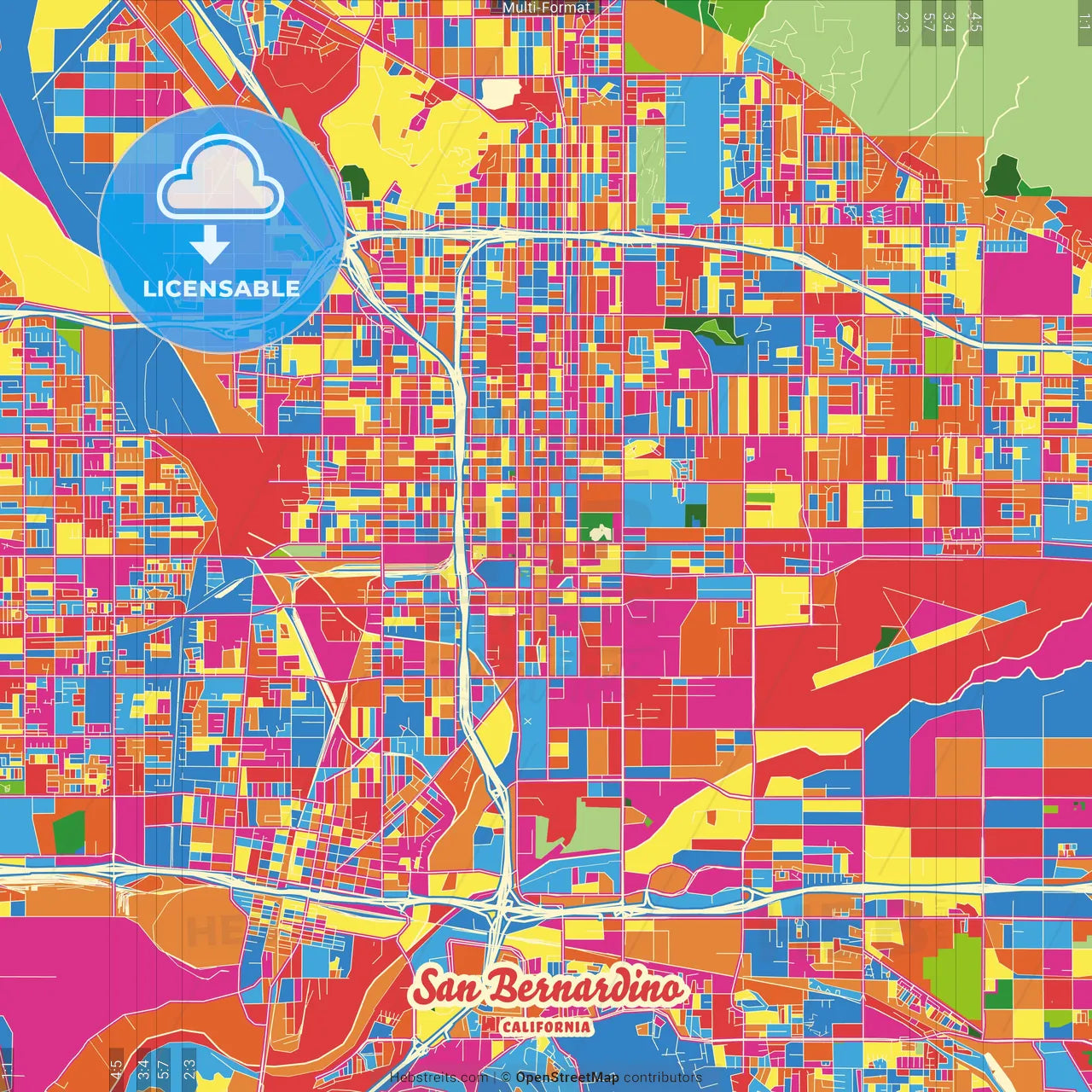 San Bernardino, California, United States Crazy Colorful Street Map Poster Template